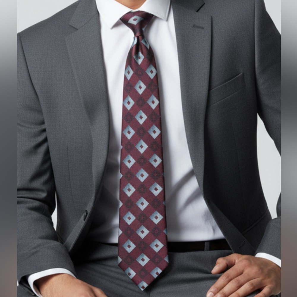 Geoffrey Beene Burgundy & Gray 100% Silk Tie - 56" x 4"